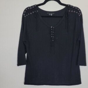 Y2K ECI Lace Up Knit Sweater Size L Black Fitted Goth Grunge Nylon 90s Womens